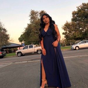 Beautiful navy double slit, low back cut dress